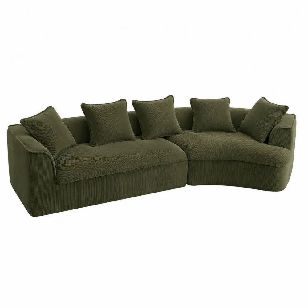 Sofá modular seccional en L tapizado en pana de poliéster verde oliva con estructura de madera y 5 cojines 320 x 170 x 85 cm