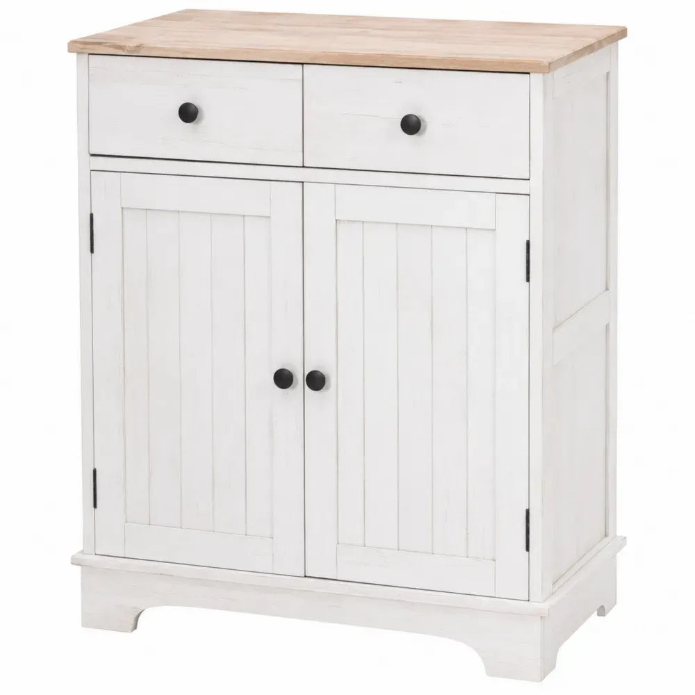 aparador buffet de madera MDF blanco con encimera efecto madera natural dos cajones y dos puertas 90 cm x 40 cm x 110 cm