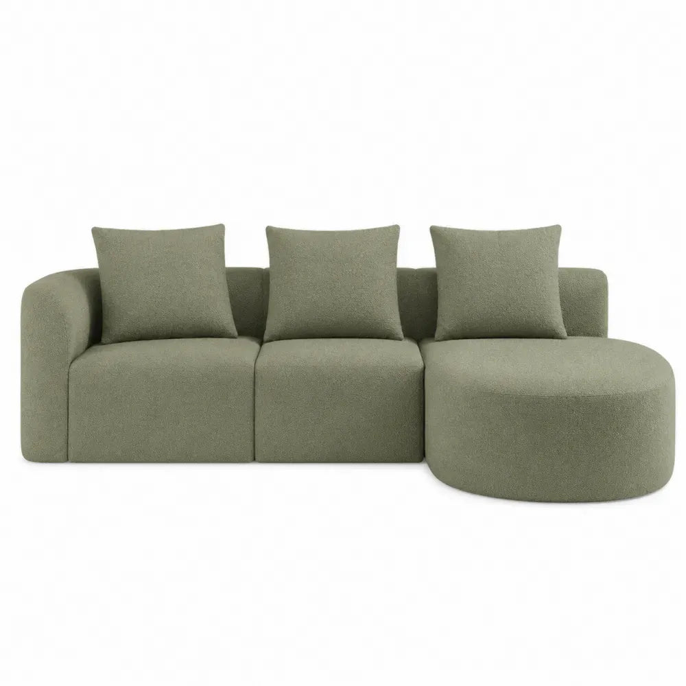 sofá modular en L con chaise longue tejido bouclé poliéster verde oliva madera contrachapada 260 cm x 95 cm x 75 cm