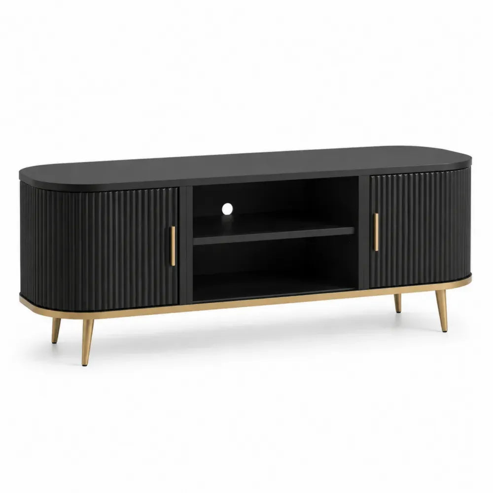 Mueble para TV rectangular de MDF negro con puertas acanaladas laterales patas metálicas doradas y estante central 160 x 40 x 55 cm