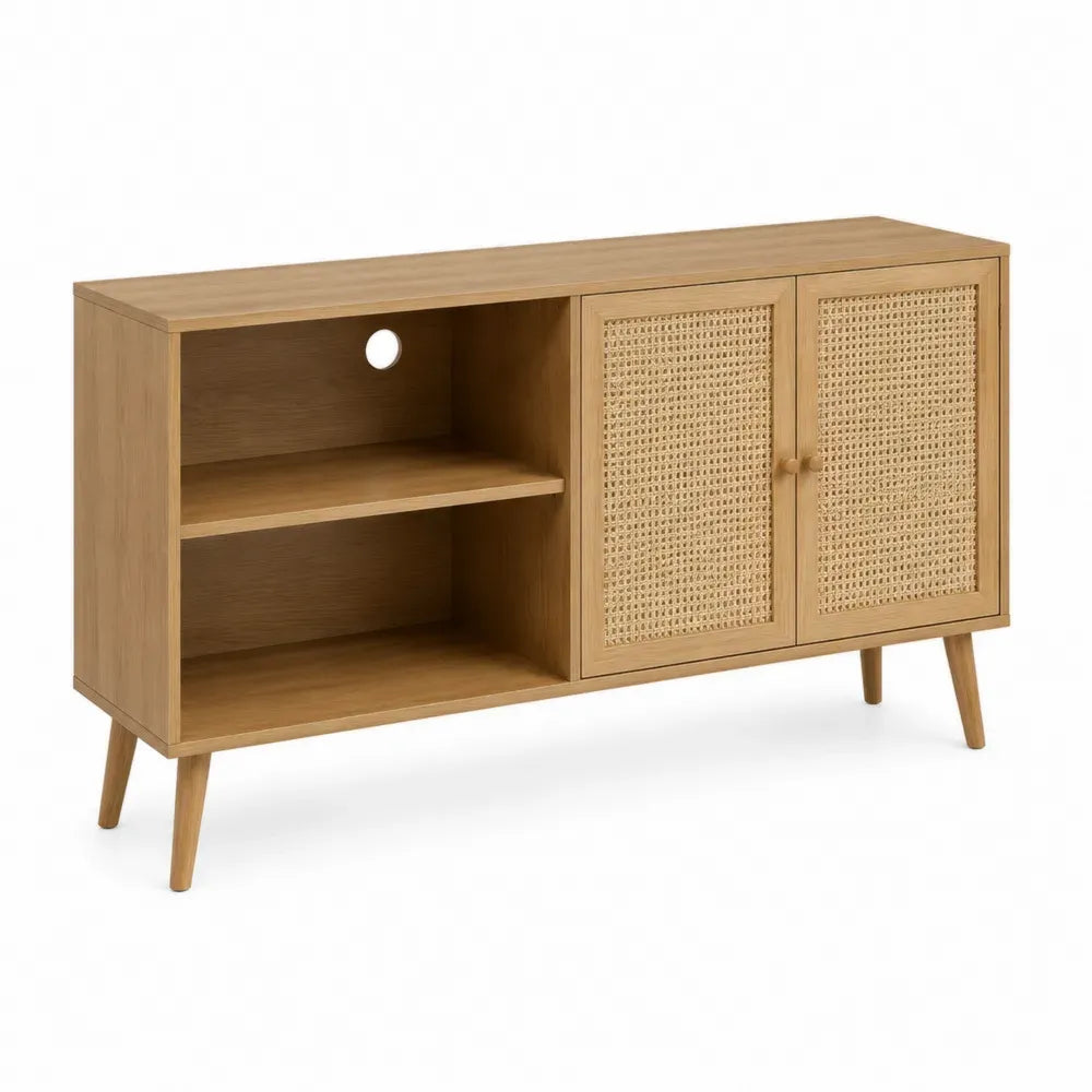 Mueble TV rectangular de MDF con chapa de roble claro puertas de rejilla de ratán PE estantes abiertos y patas de madera 160 x 40 x 55 cm