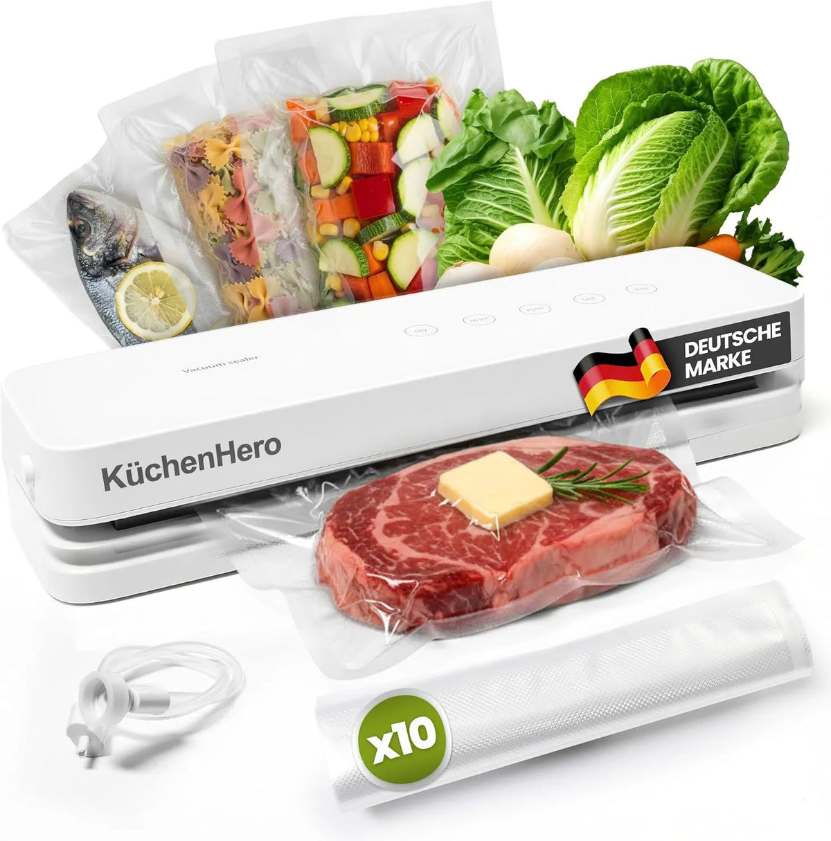 KüchenHero, Til driftsspænding over 1000 volt, Vacuumer med glasoverflade & touch - Vacuum enhed Hvid - Inklusive 10 poser & rør, Hvid, 8 g
