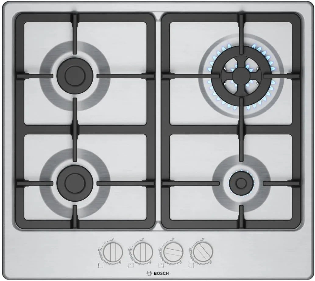 Bosch PGH6B5K90, Kogeplader, Serie 4 Gas kogeplader 60 cm 4 Rustfrit stål brændere, Sølv, 4 G, 60 cm, 3 kW