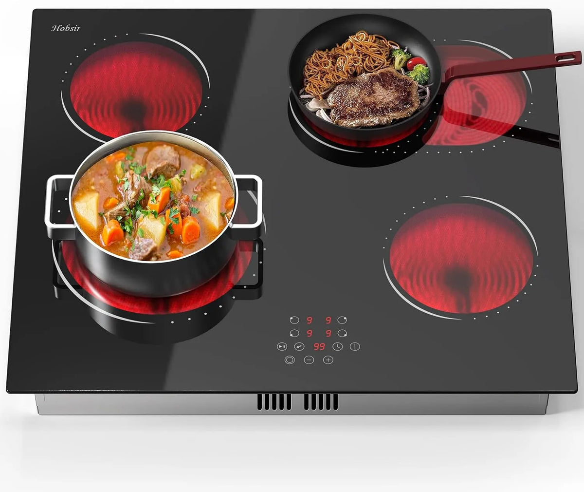 Hobsir hob, Kogeplader, Glas keramisk kogeplade 4 plader, kogeplader Autark med Ovale & Flex Zone, Sort, 1000 W, 2200W, 2000W, 59x 52x 4