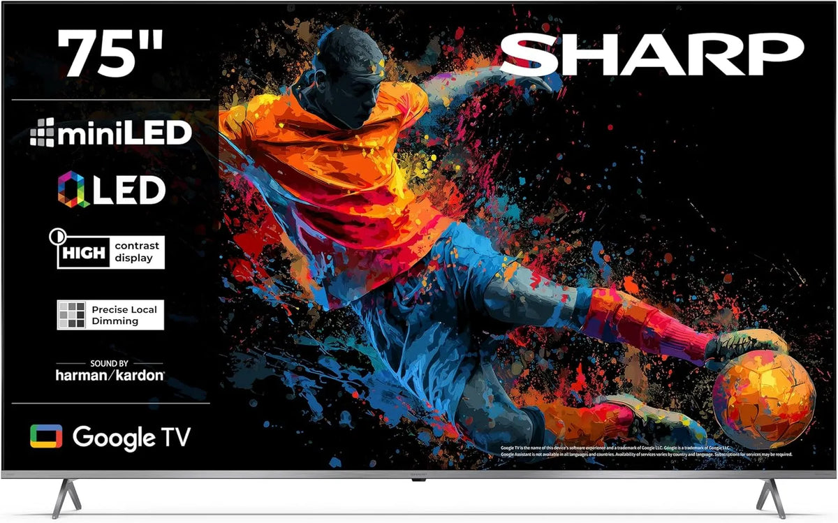 SHARP 75JP7765E, TV'er, QLED TV 75 tommer Google TV 4K UHD Smart TV Mini LED, Sort, QLED, 4K, Mini LED, 189 cm