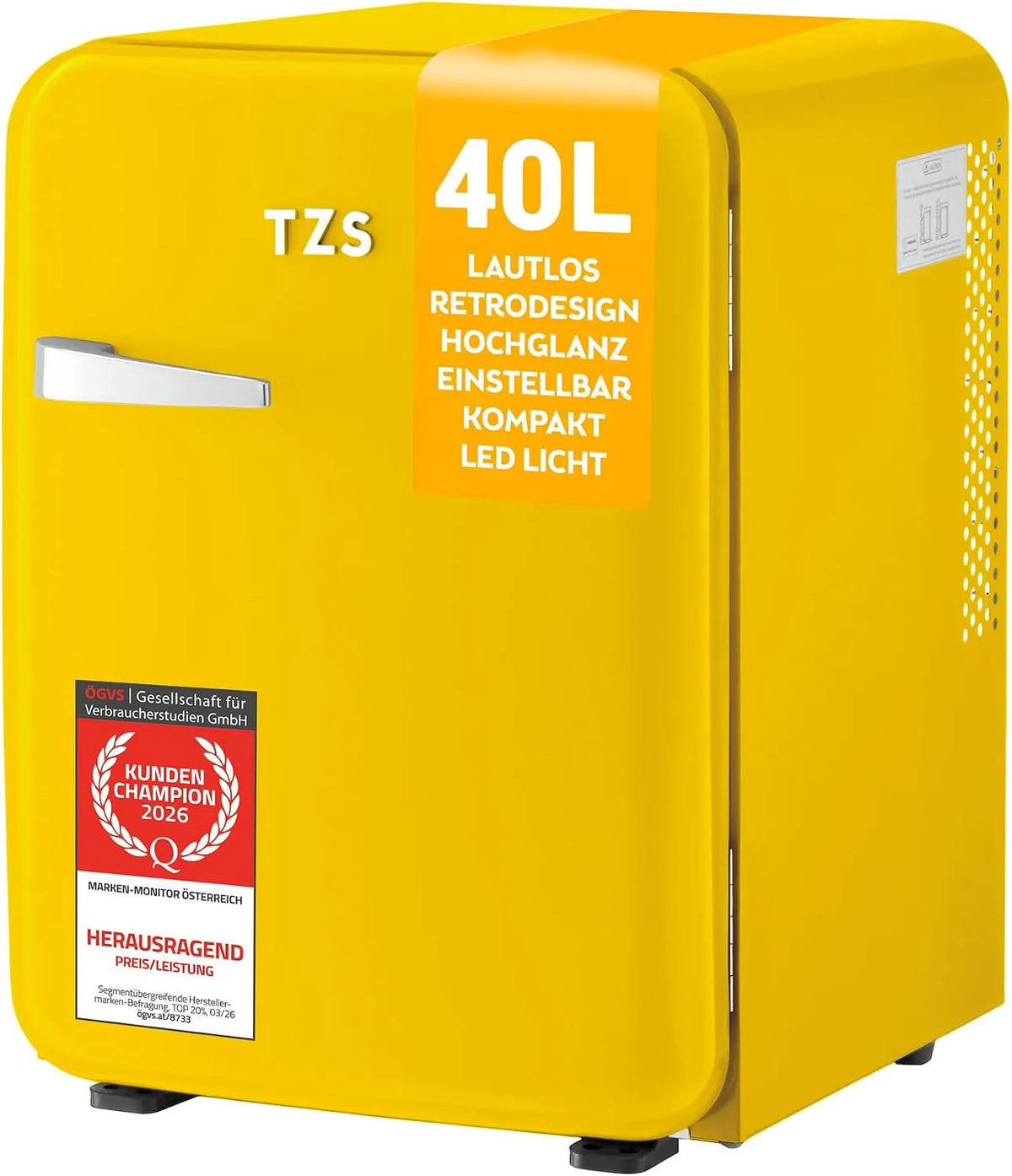 TZS First Austria, Minikøleskabe, Retro Mini Køleskab 40L - Silent - Vintage Minibar til Soveværelse & Kontor - gul, 40L, 22 dB, 34 l, 6 g