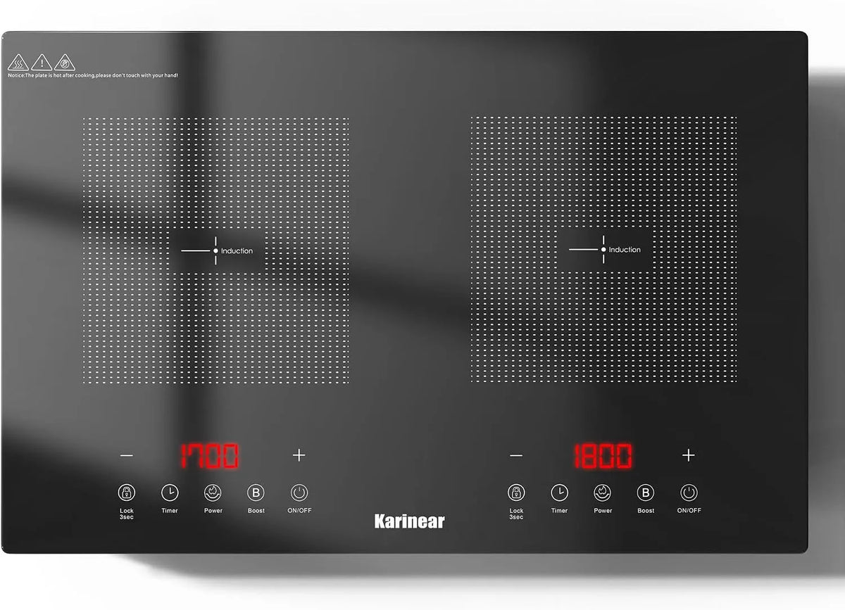 Karinear, Kogeplader, induktionsspole 2 plader 3500W med stik, boost, 60cm, touch, Sort, 3500W, 18 cm, 1800 W