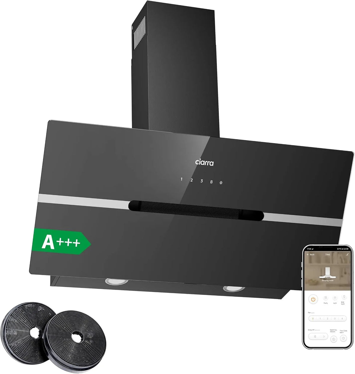 CIARRA AWB9736F 650m3, Væghængte emhætter, A + + + Fumeudsugningshætte 90cm cirkulerende luft Hovedløse skråning / h, Sort, 90cm, 12 kW, 56dB