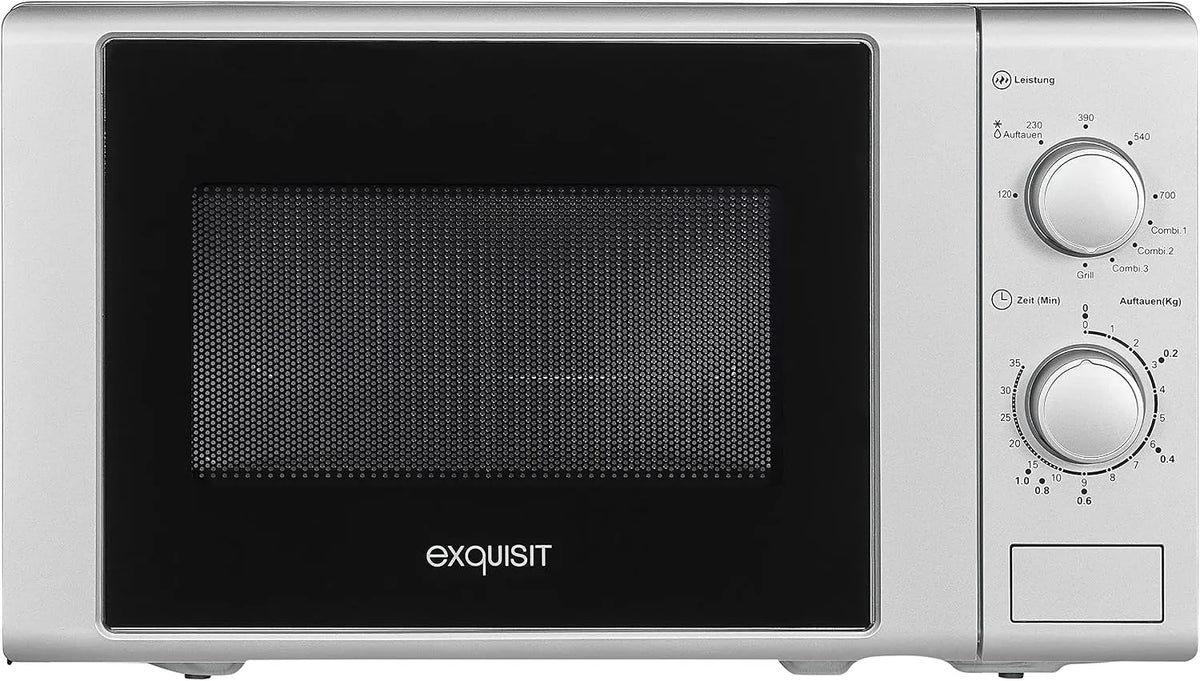 Exquisit, Roterende plader, ® mikroovn 700 W, grill med 1000 W, 20 liter, drejebord 25, 5 cm, moderne design, Sort / sølv, 700 W, 1000 W, 20 l