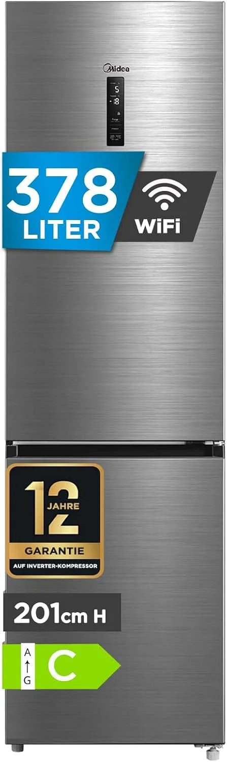 Midea, Køle-/fryseskabe, Mid 378L Køleskab med fryser, WiFi, 201cm, EEK C, NoFrost, 38dB, Hvid, 378L, 256L