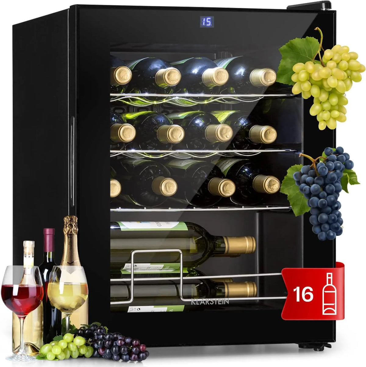 Klarstein, Vinkøleskabe, Clearstein Shiraz Vinkøler Sort - 16 flasker, 42 L, 1 Zone, Sort, 16 v