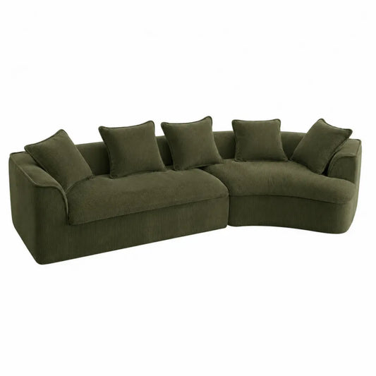 Sofá modular seccional en L tapizado en pana de poliéster verde oliva con estructura de madera y 5 cojines 320 x 170 x 85 cm