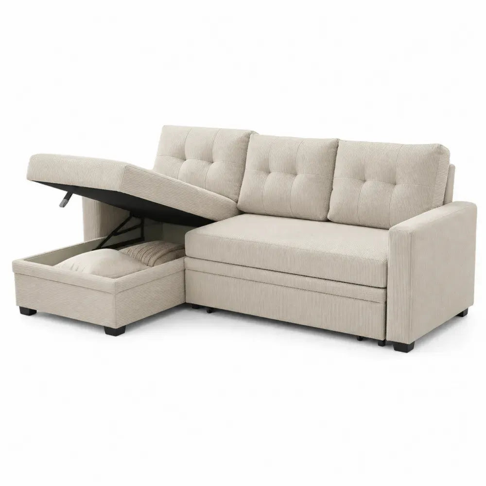 sofá en L con chaise longue y almacenamiento tejido de pana poliéster Color beige estructura de madera contrachapada 240 cm x 160 cm x 85 cm