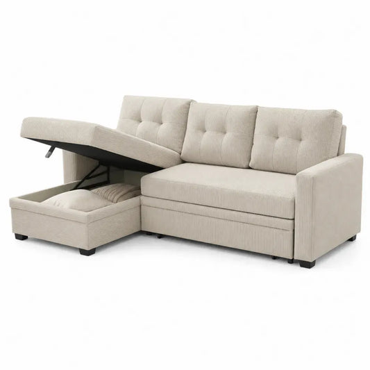 sofá en L con chaise longue y almacenamiento tejido de pana poliéster Color beige estructura de madera contrachapada 240 cm x 160 cm x 85 cm