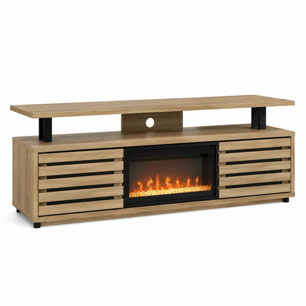 mueble de TV con chimenea eléctrica LED madera MDF Color roble y negro 160 cm x 40 cm x 50 cm