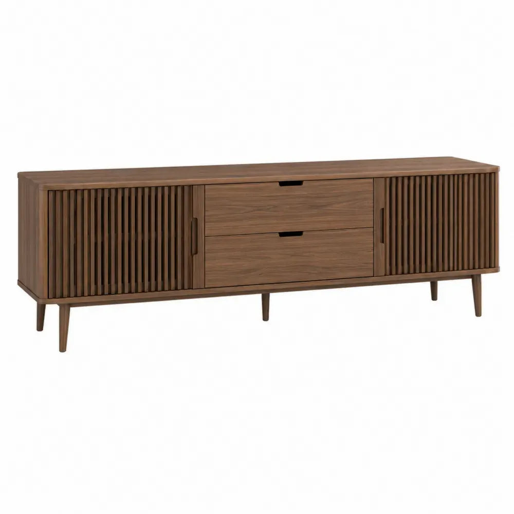 Mueble TV bajo rectangular de MDF con melamina marrón nogal puertas ranuradas cajones centrales y patas 180 x 40 x 55 cm