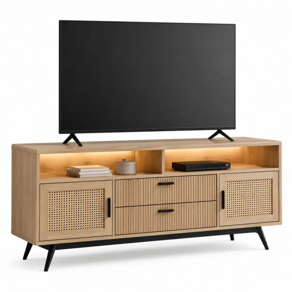 Mueble TV de madera MDF con chapa de roble y rejilla de ratán PE 180 x 40 x 55 cm con iluminación LED patas de acero negro