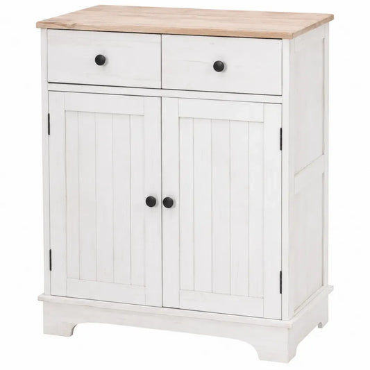 aparador buffet de madera MDF blanco con encimera efecto madera natural dos cajones y dos puertas 90 cm x 40 cm x 110 cm