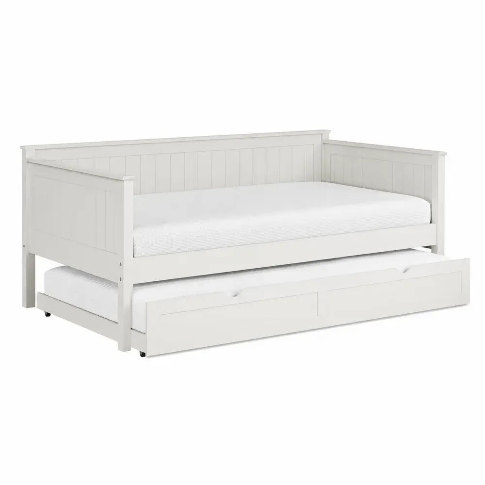 Sofá cama nido blanco de MDF lacado con cama inferior extraíble ruedas negras y paneles ranurados 200 x 95 x 80 cm