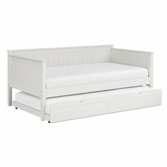 Sofá cama nido blanco de MDF lacado con cama inferior extraíble ruedas negras y paneles ranurados 200 x 95 x 80 cm