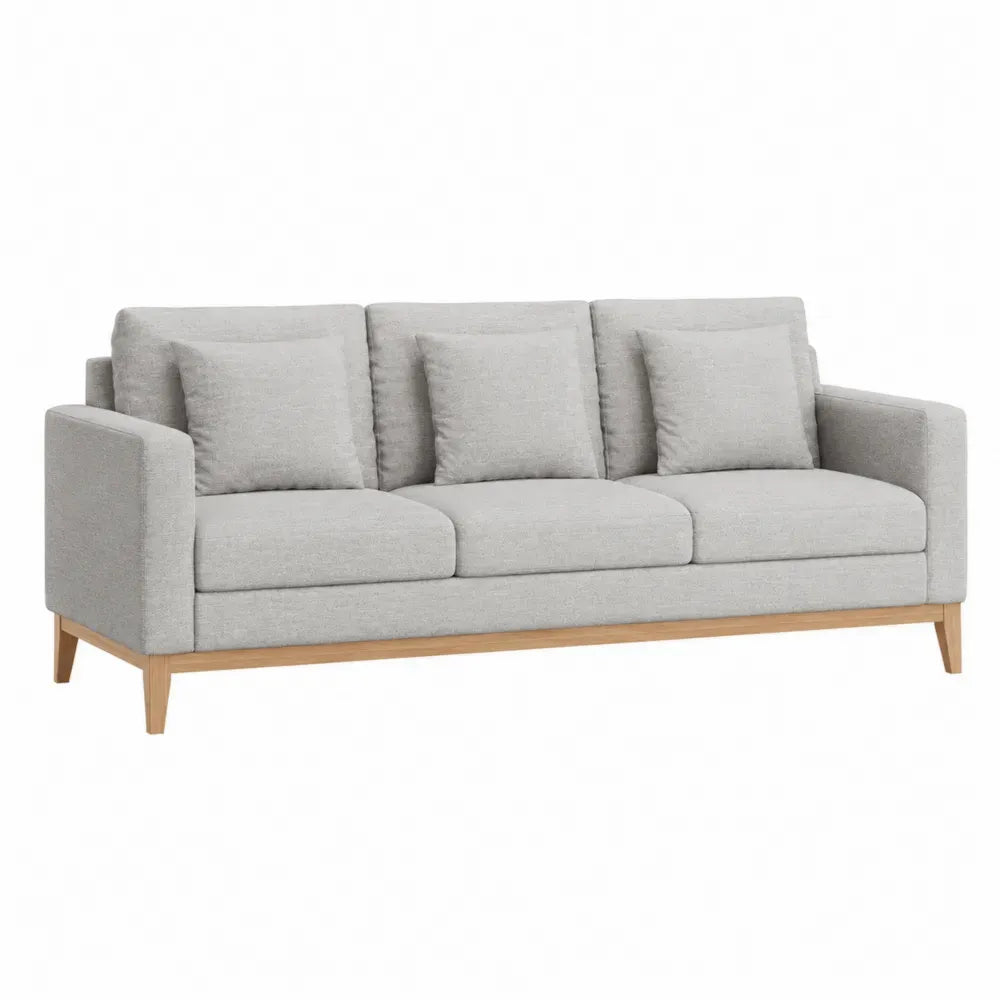 sofá de 3 plazas tejido poliéster gris claro madera maciza de caucho 200 cm x 85 cm x 90 cm