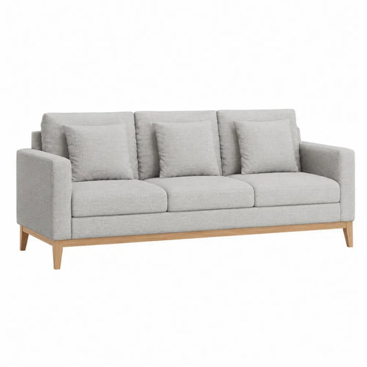 sofá de 3 plazas tejido poliéster gris claro madera maciza de caucho 200 cm x 85 cm x 90 cm