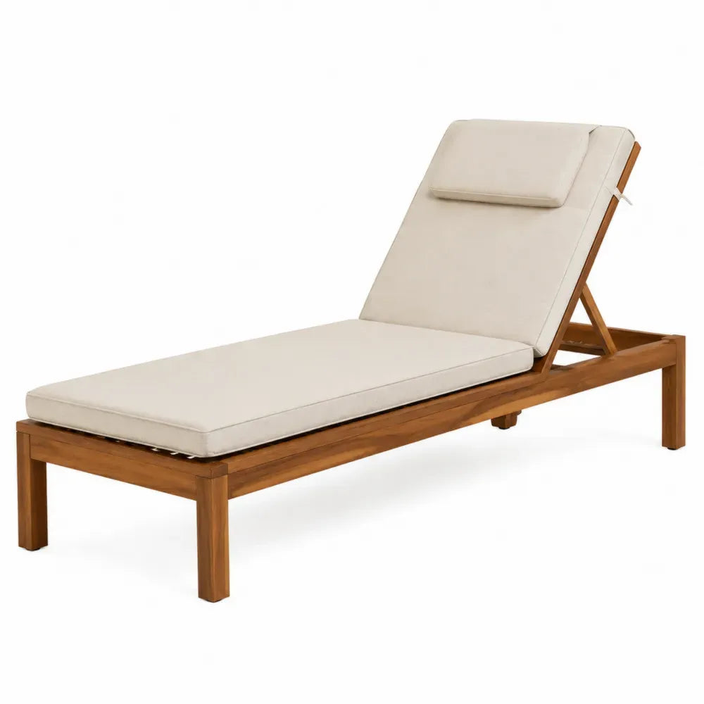 Tumbona de exterior de madera maciza de acacia con cojín reclinable respaldo ajustable Color beige 200 cm