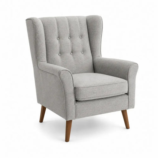 Sillón tapizado en tejido gris con respaldo alto capitoné estructura de madera patas de madera 75 x 70 x 85 cm