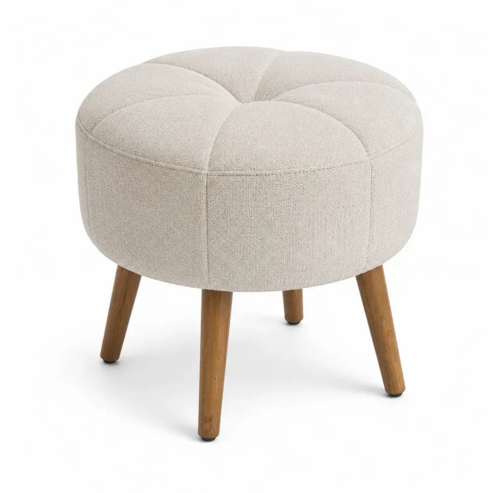 puf reposapiés redondo tapizado tejido poliéster beige patas de madera maciza 45 cm