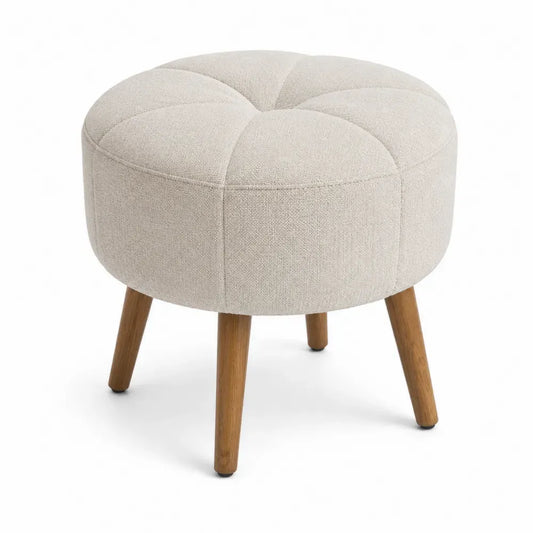 puf reposapiés redondo tapizado tejido poliéster beige patas de madera maciza 45 cm