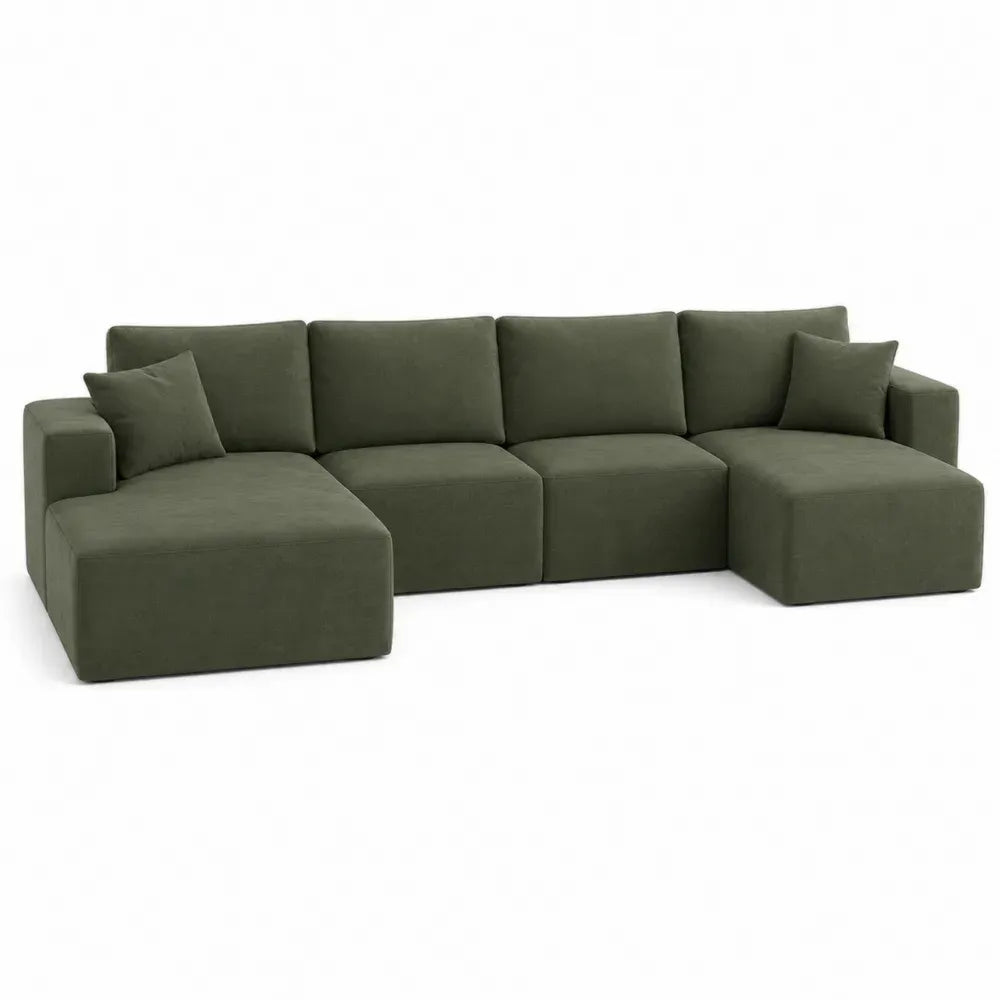 Sofá modular seccional de 4 plazas tapizado en tejido de poliéster verde oliva con doble chaise y cojines 300 x 160 x 85 cm