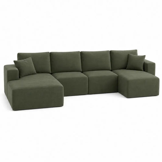 Sofá modular seccional de 4 plazas tapizado en tejido de poliéster verde oliva con doble chaise y cojines 300 x 160 x 85 cm
