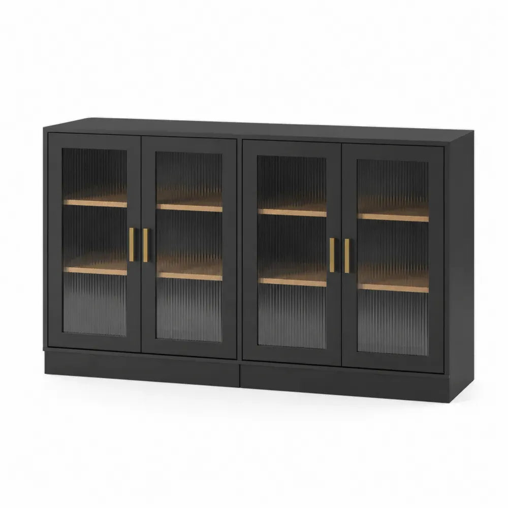 Aparador de MDF negro con 4 puertas de vidrio templado acanalado estantes interiores roble natural y tiradores dorados 160 x 40 x 85 cm