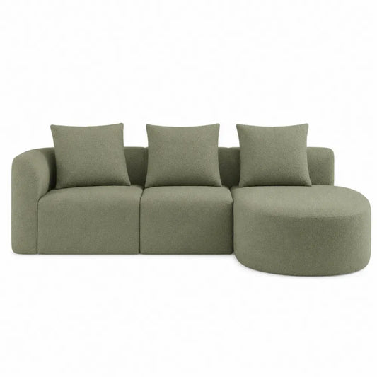 sofá modular en L con chaise longue tejido bouclé poliéster verde oliva madera contrachapada 260 cm x 95 cm x 75 cm