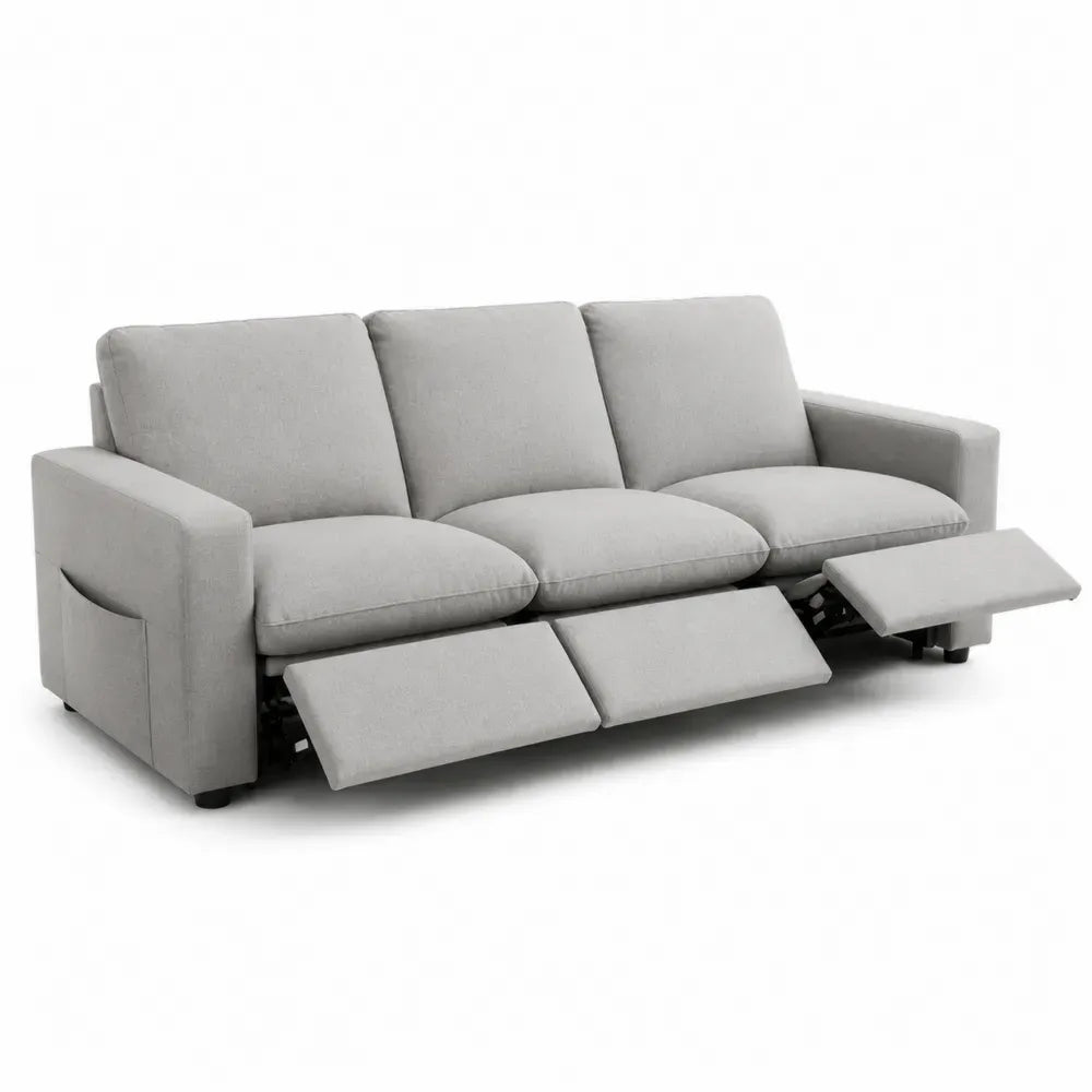 Sofá de 3 plazas reclinable en tejido de poliéster gris estructura de madera de pino y acero 200 x 90 x 100 cm con reposapiés extensibles