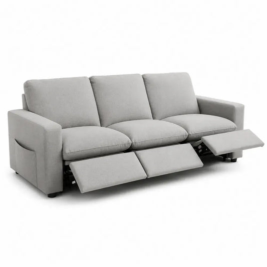 Sofá de 3 plazas reclinable en tejido de poliéster gris estructura de madera de pino y acero 200 x 90 x 100 cm con reposapiés extensibles