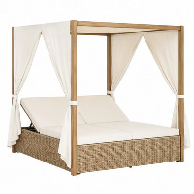 Cama de día de exterior con dosel madera maciza y ratán PE con cortinas y cojines beige 200 x 160 x 200 cm