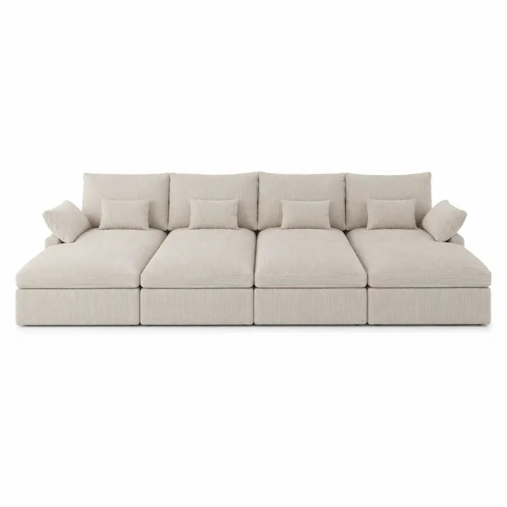 Sofá modular recto de 4 plazas tapizado en pana de poliéster beige con 4 módulos y cojines 320 x 100 x 78 cm