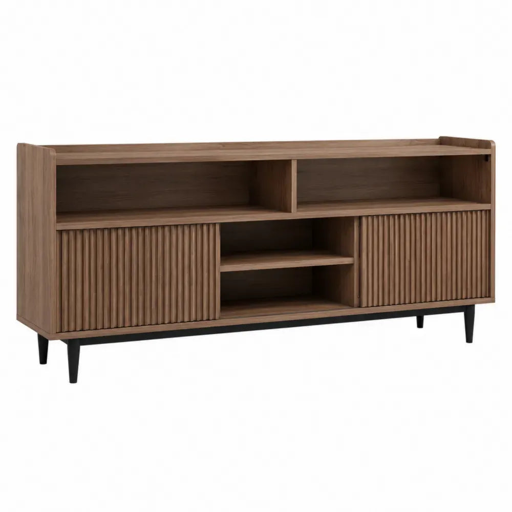 mueble para TV 160 cm MDF chapa madera natural marrón madera natural negro con puertas y patas metálicas