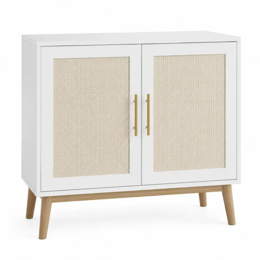Aparador de MDF blanco con 2 puertas de ratán natural tiradores dorados y patas de madera 100 x 40 x 80 cm