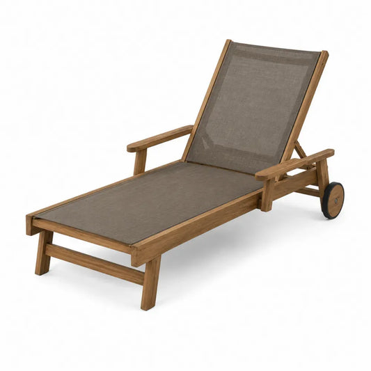 Tumbona de exterior de madera maciza de acacia tejido textilene respaldo reclinable con ruedas Color madera natural 200 cm