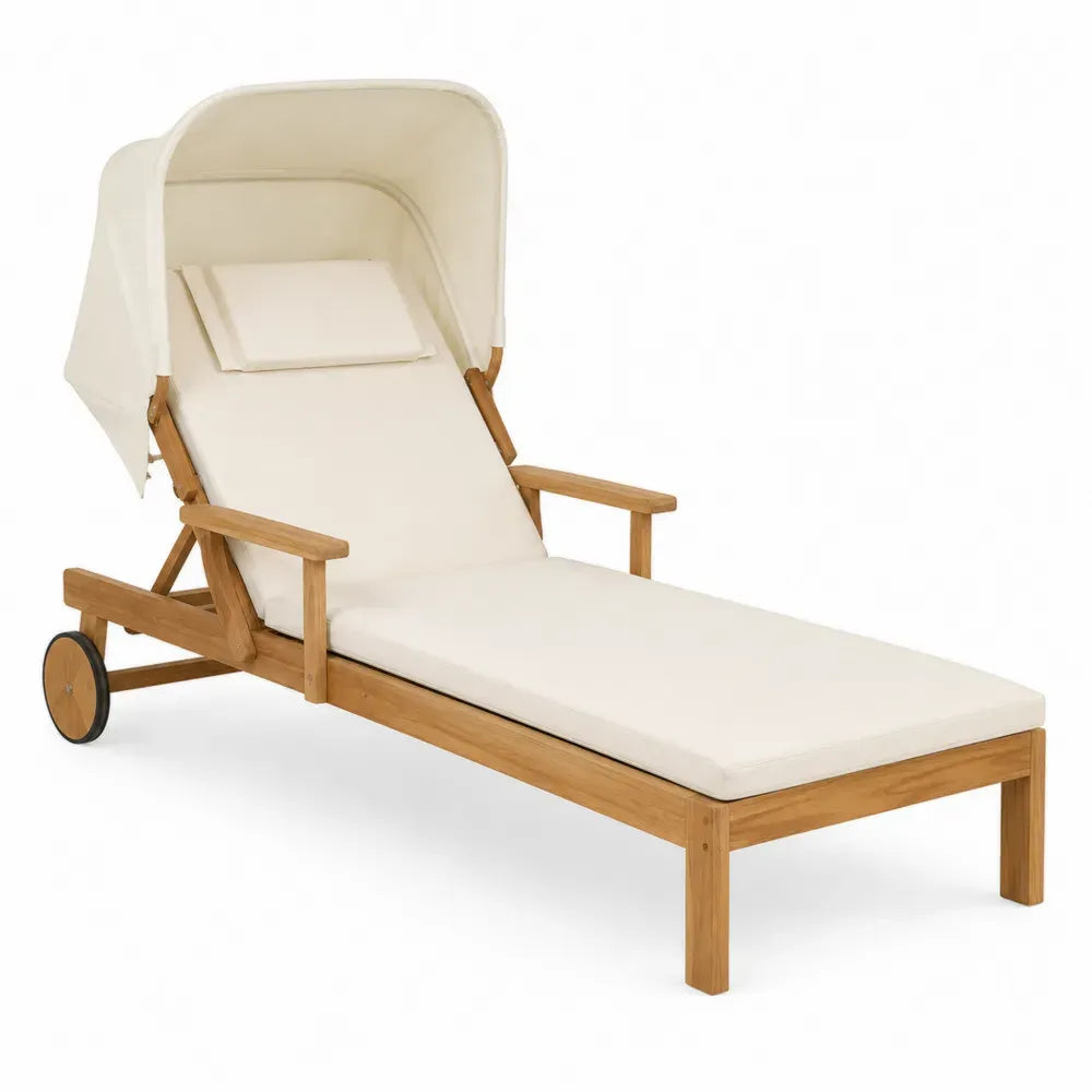 Tumbona de exterior reclinable rectangular con toldo de madera de acacia beige 200 x 75 x 150 cm