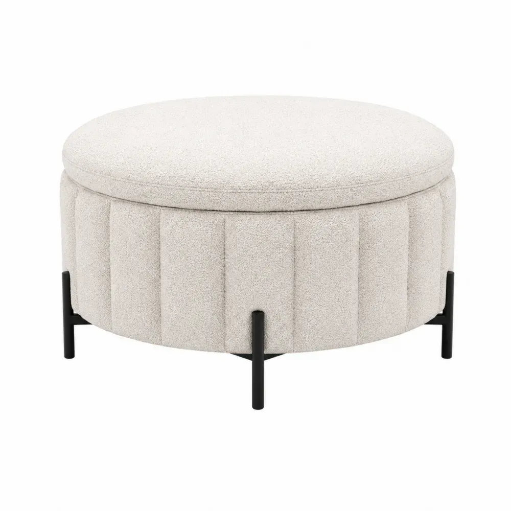 Puf reposapiés redondo con almacenamiento tapizado en tejido bouclé de poliéster beige patas de acero negro y tapa desmontable 45 x 40 cm