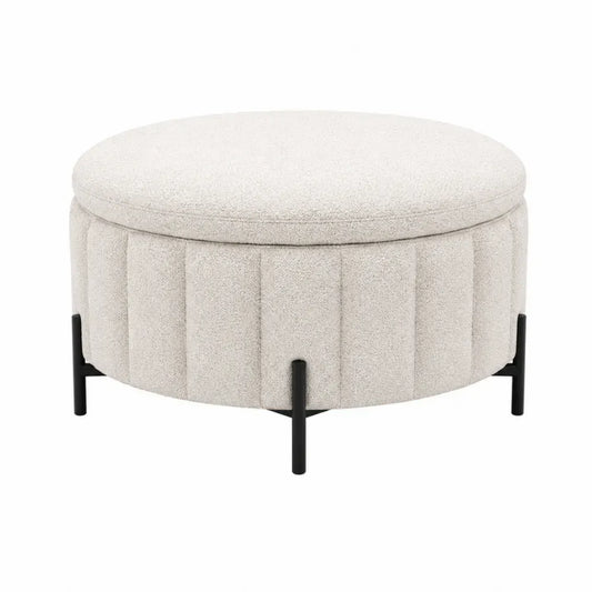 Puf reposapiés redondo con almacenamiento tapizado en tejido bouclé de poliéster beige patas de acero negro y tapa desmontable 45 x 40 cm