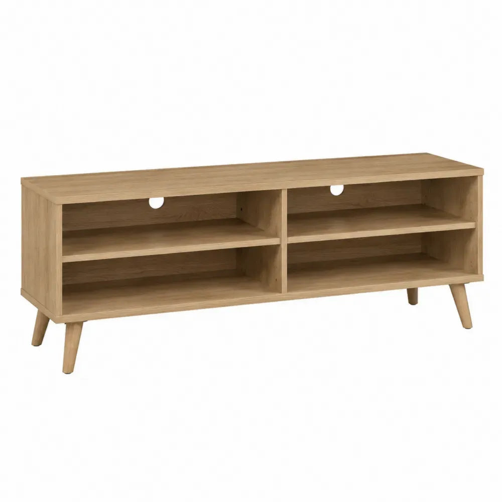 Mueble TV abierto de MDF con acabado roble claro estantes centrales orificios pasacables y patas inclinadas 180 x 35 x 55 cm