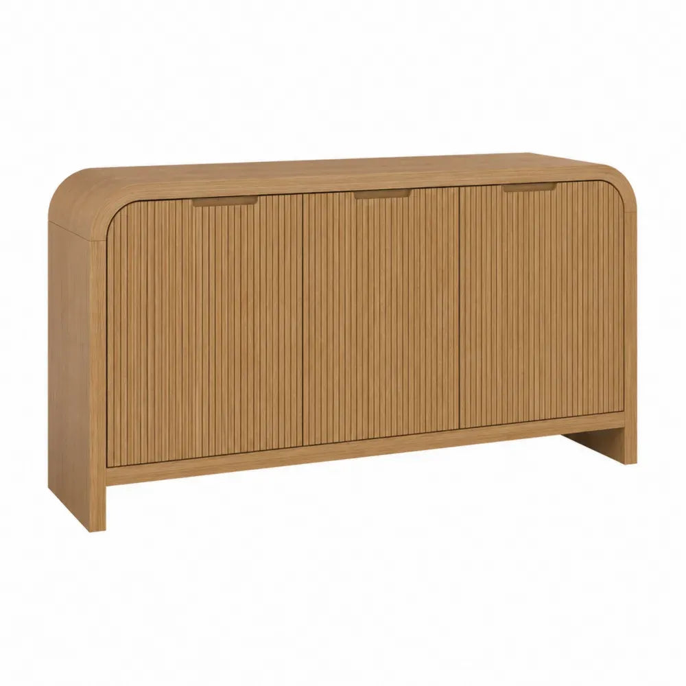 Aparador de MDF con chapa de roble natural 3 puertas ranuradas de madera y laterales curvados 140 x 40 x 80 cm