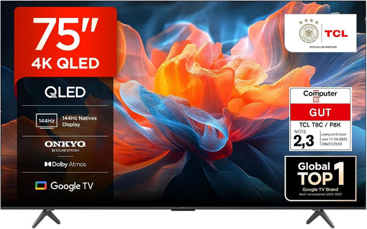 TCL 75T8C, TV'er, 75 tommer QLED 4K HDR UHD TV, Smart Google TV Dolby Vision & Atmos, 144Hz Motion, Sort, QLED, 4K, 144Hz, 2.1 L