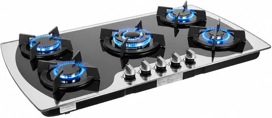 Chensyo, Kogeplader, Gas komfur med 5 flammer, gas plade, hårdt glas, 90 cm, kogetop til naturgas, Sort, 7 mm, 1x 3, 236 BTU