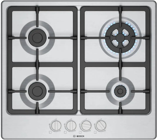 Bosch PGH6B5K90, Kogeplader, Serie 4 Gas kogeplader 60 cm 4 Rustfrit stål brændere, Sølv, 4 G, 60 cm, 3 kW