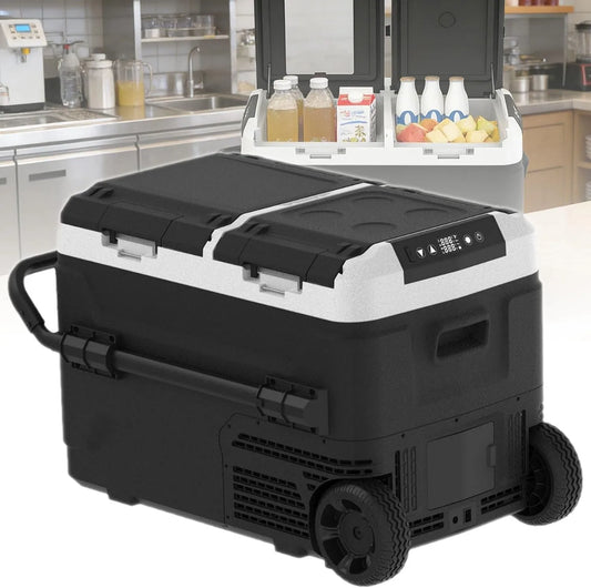 ExoticaBlend 100-240V 12/24V, Køleskabe, Kompressor køleboks med fryser dobbelt dør dobbelt zoner Auto køleboks med ruller, Hvid, 240V, 24V, 50L